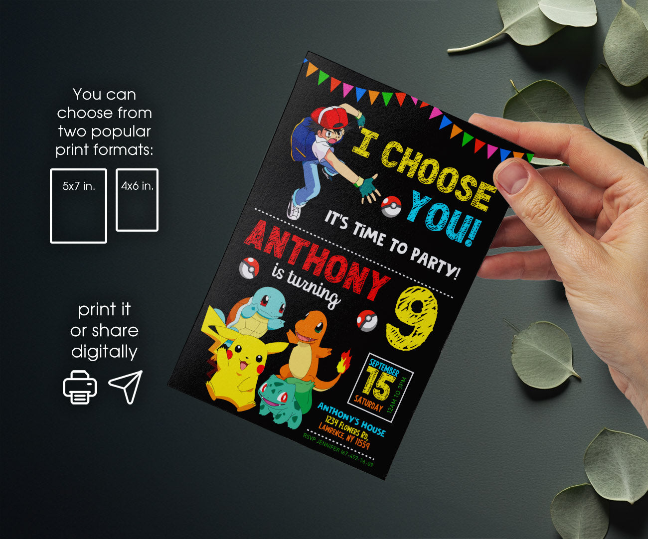 Pokemon Pikachu customizable invitation template | Share or Print | BK221