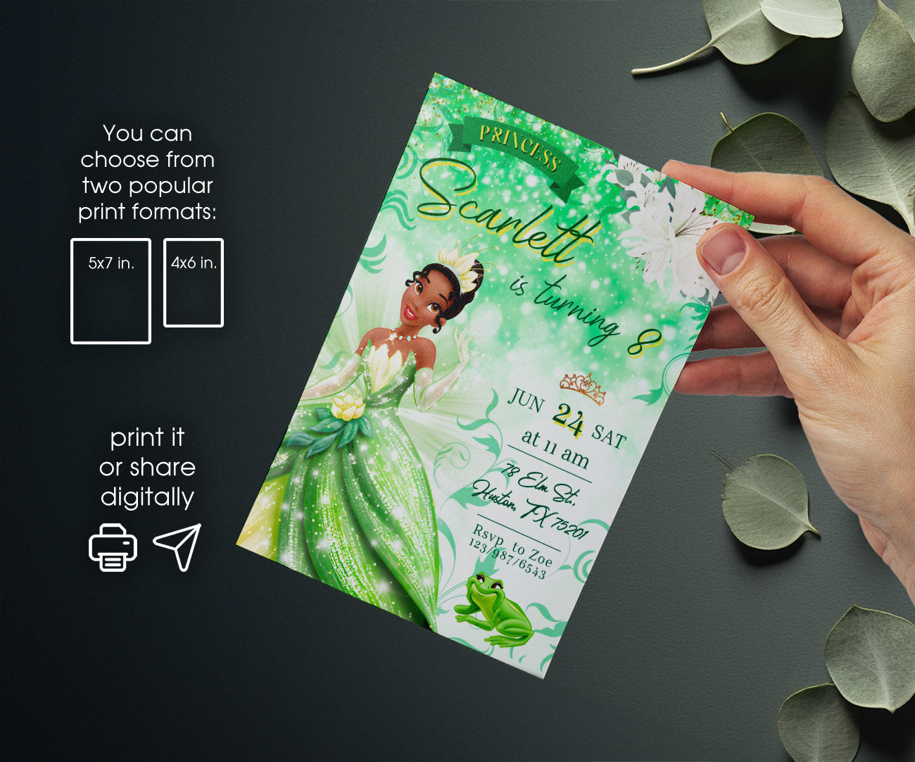Tiana Frog Princess customizable invitation template | Share or Print | girl | TP496