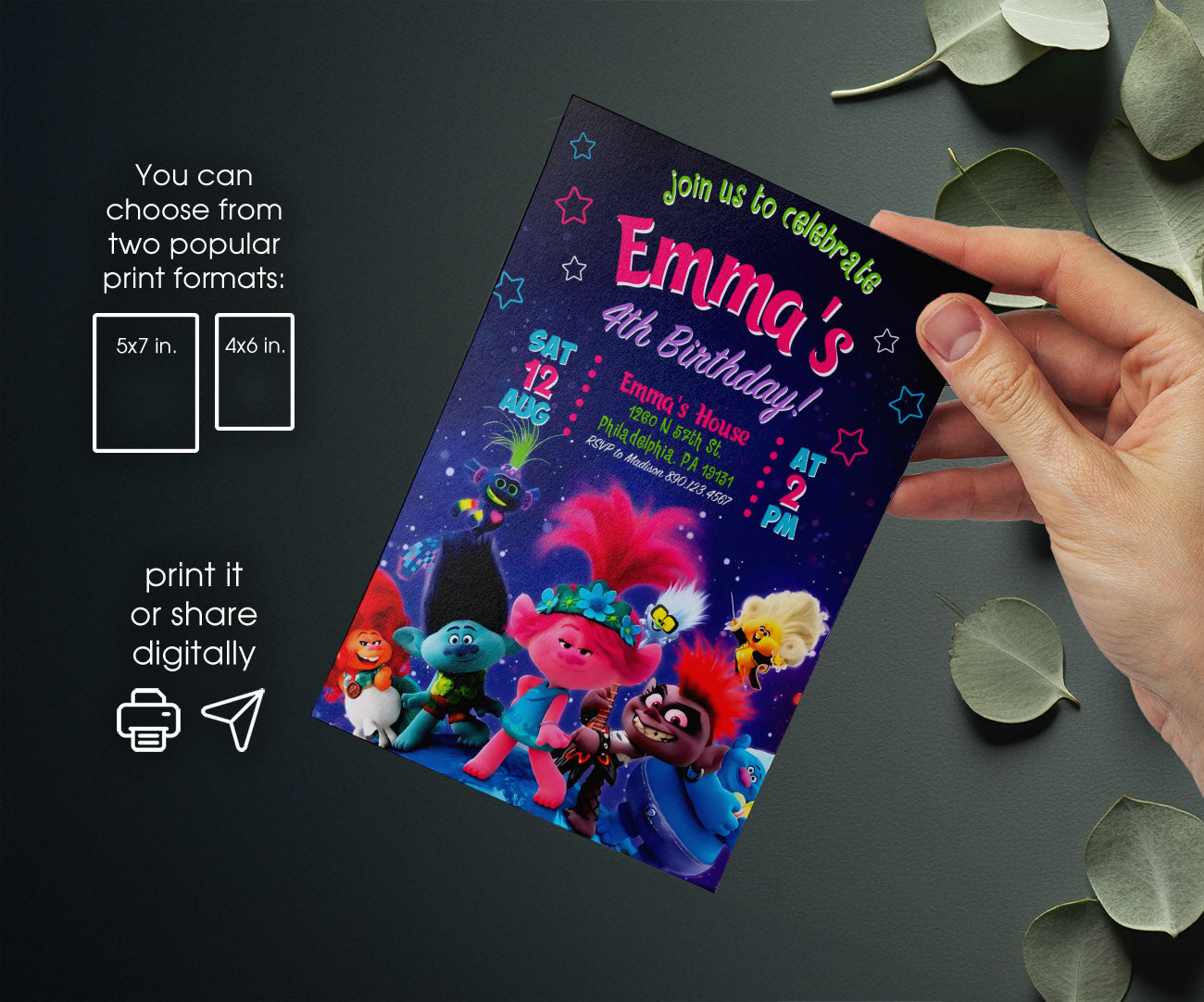 Trolls Poppy customizable invitation template | Share or Print | KN011