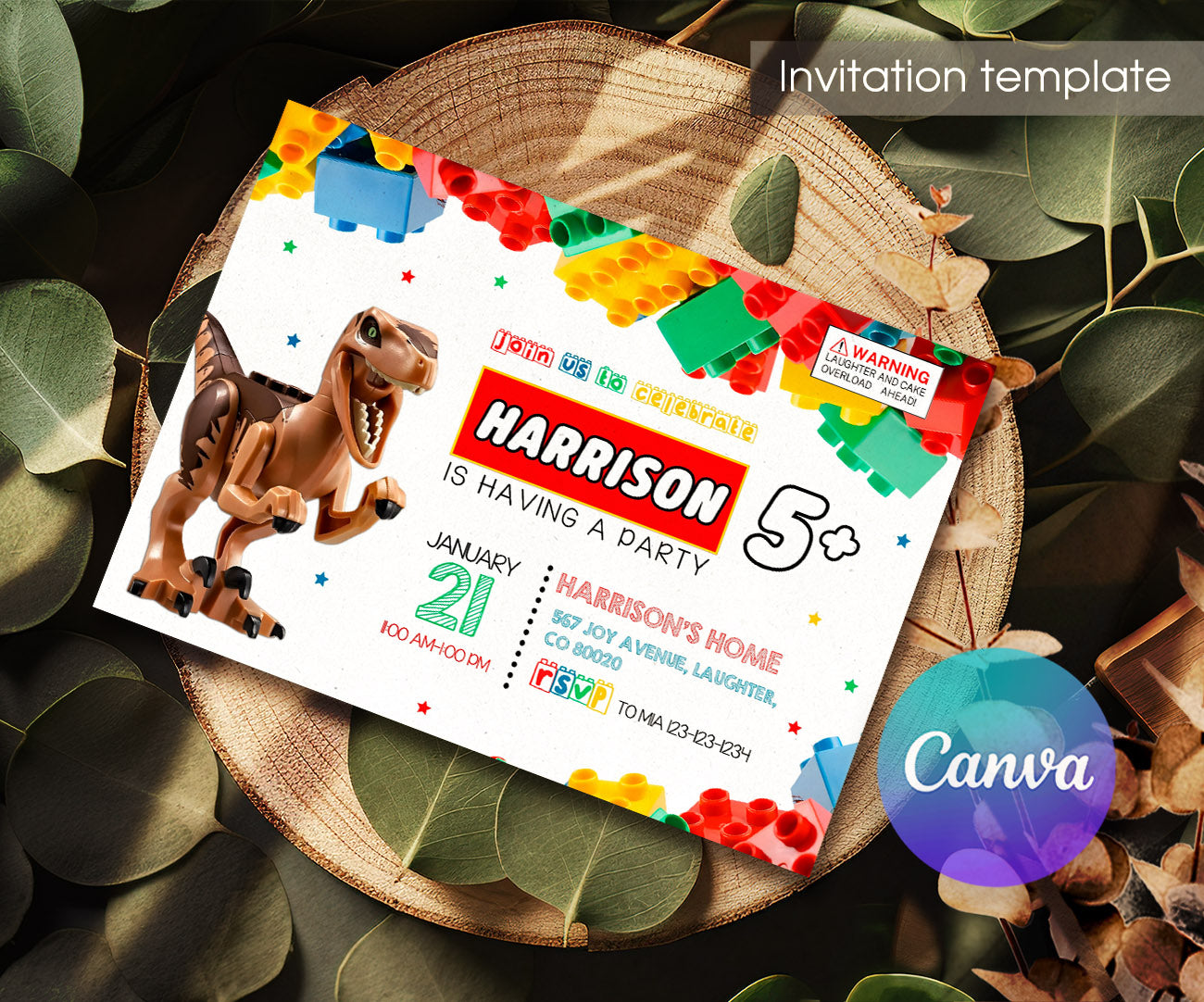 Lego Dinosaur T-Rex customizable invitation template | Share or Print | LM332