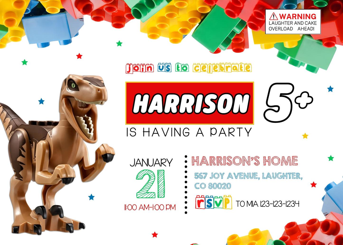 Lego Dinosaur T-Rex customizable invitation template | Share or Print | LM332