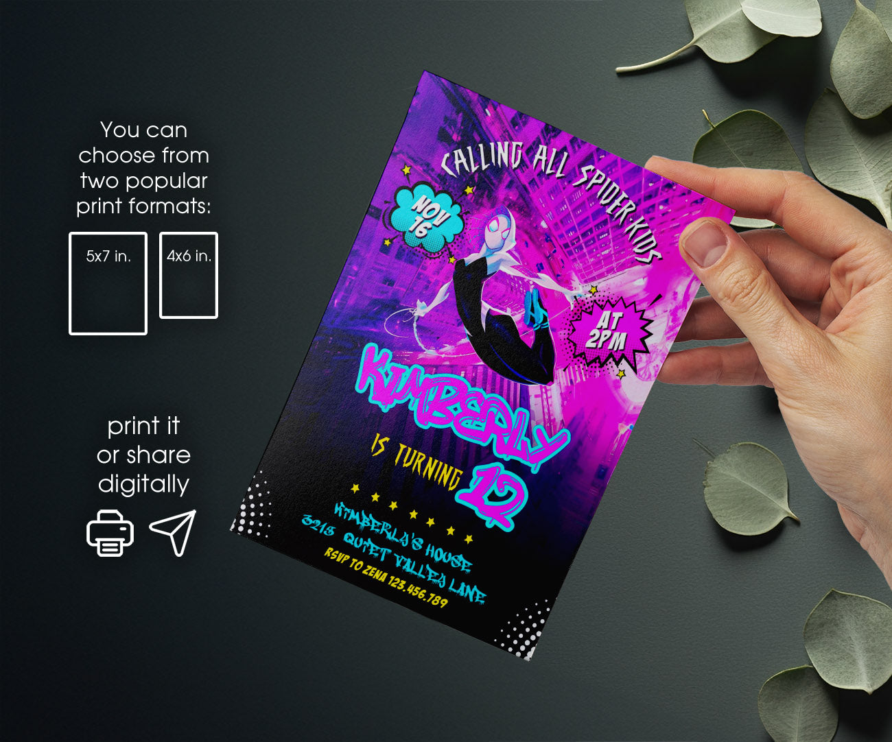Spider Gwen Ghost Spidey customizable invitation template | Share or Print | girl | XG228