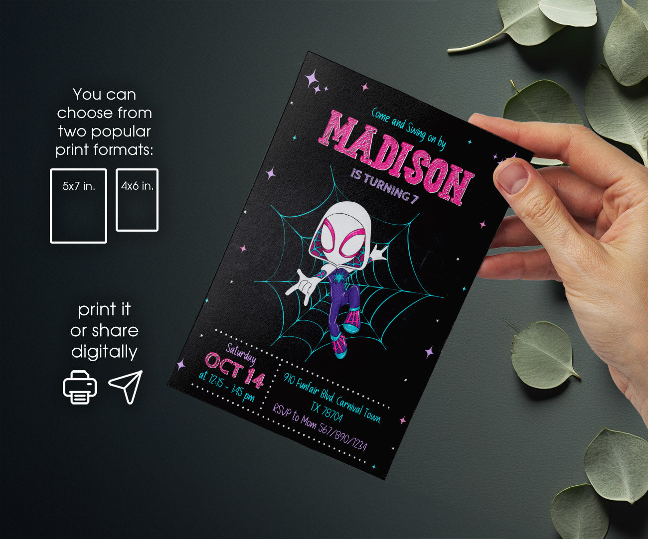 Spider Gwen Ghost Spidey customizable invitation template | Share or Print | girl | WB823