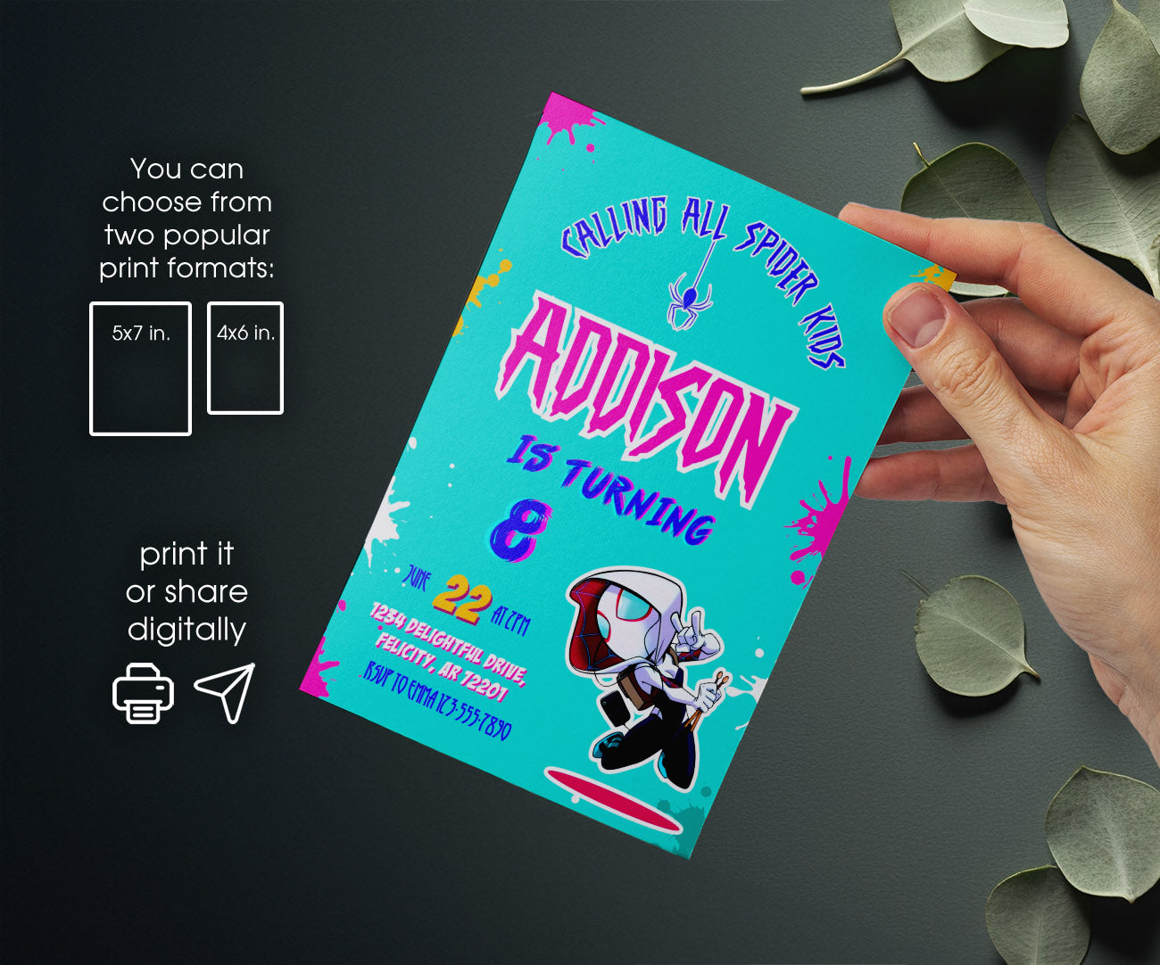 Spider Gwen Ghost Spidey customizable invitation template | Share or Print | girl | JS346