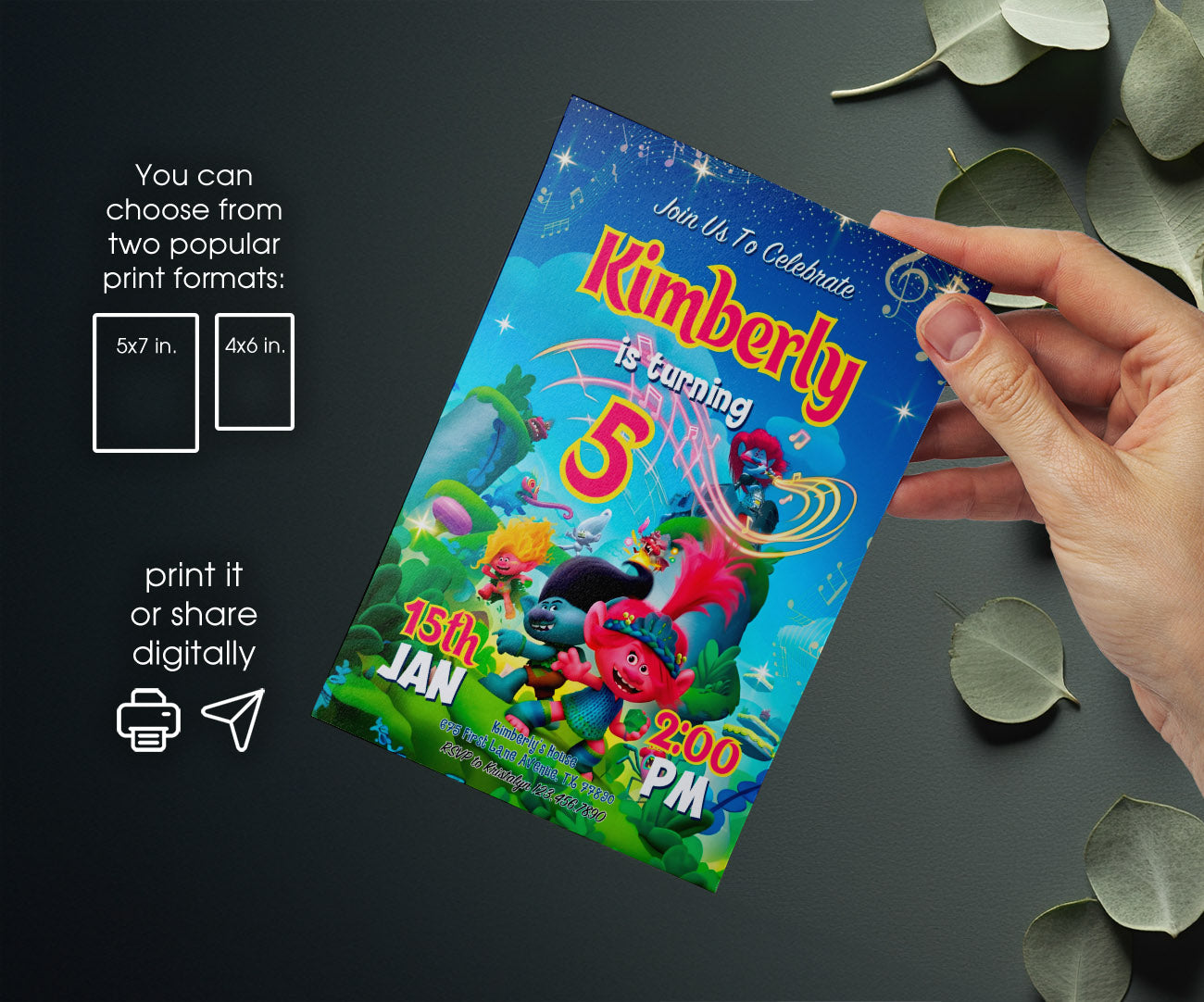 Trolls Poppy customizable invitation template | Share or Print | BW099
