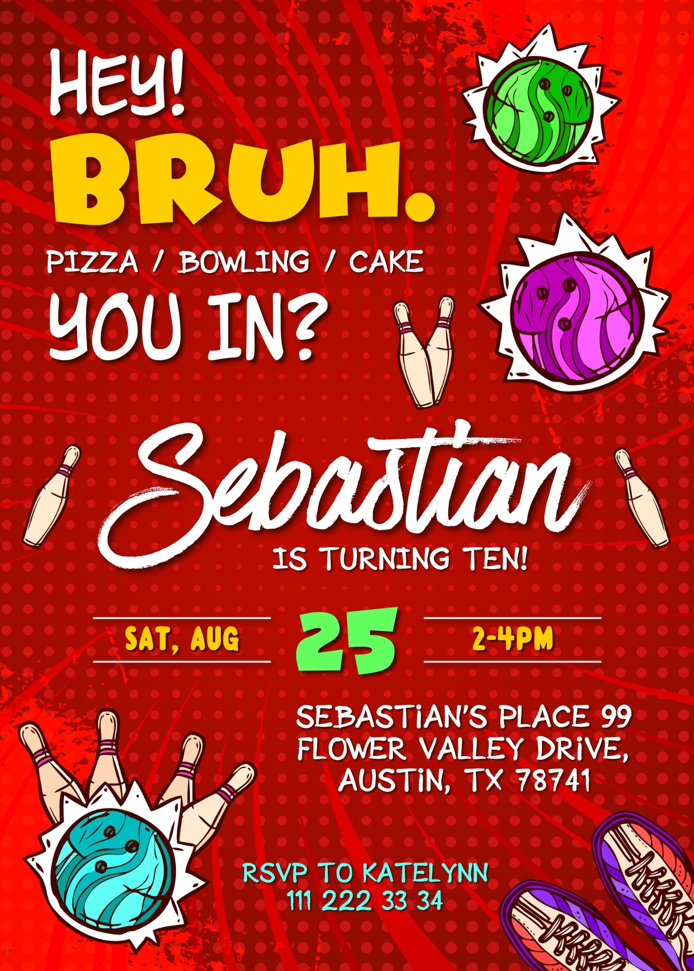 Bruh Bowling customizable invitation template | Share or Print | boy | WO991