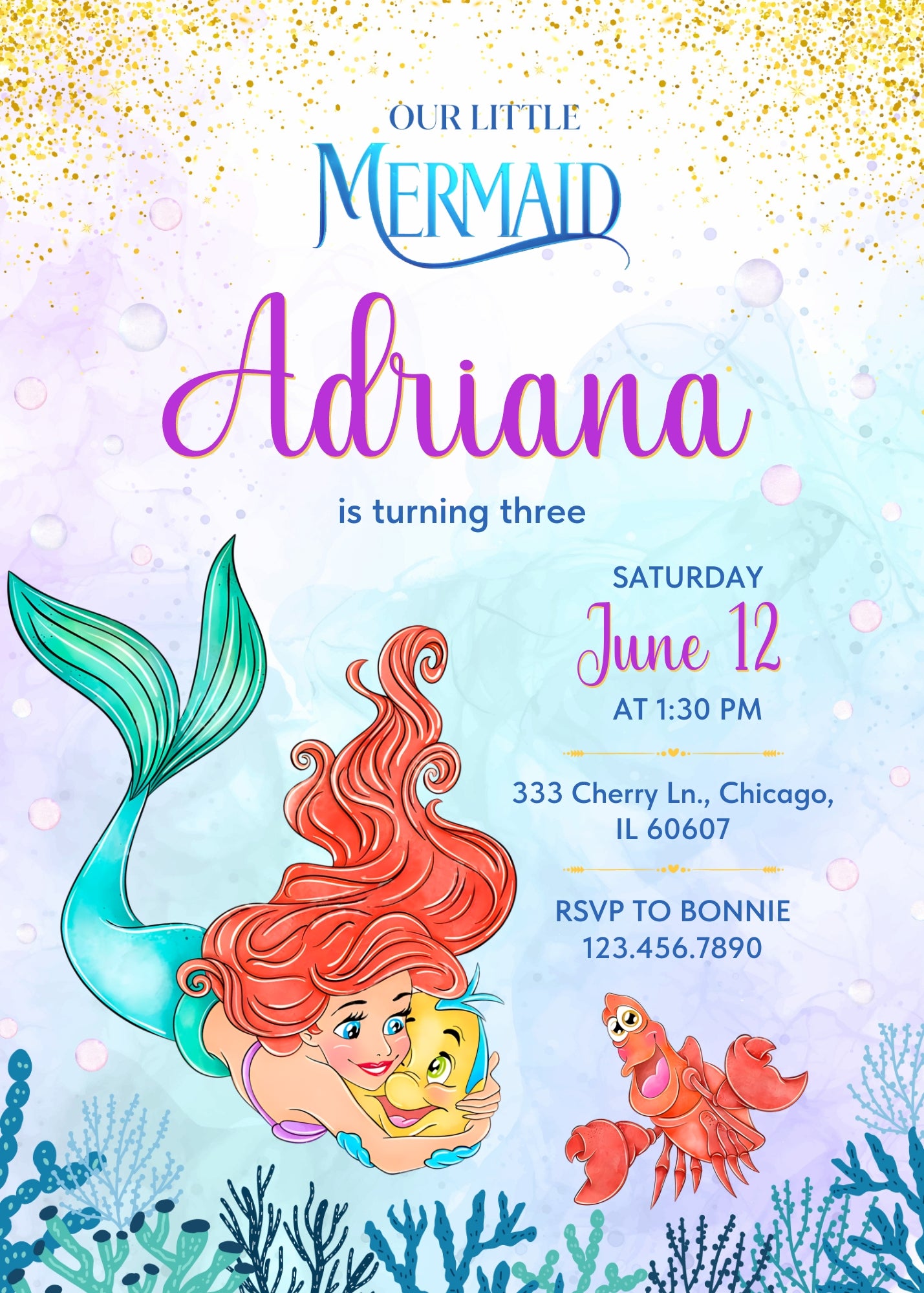 Ariel The Little Mermaid customizable invitation template | Share or Print | girl | UO270