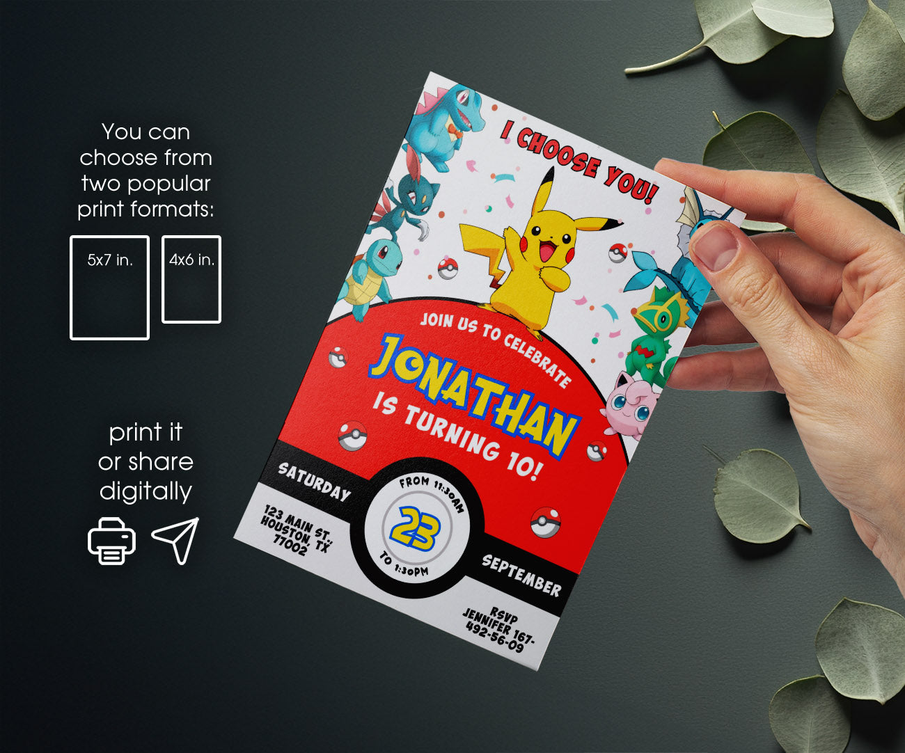Pokemon Pikachu customizable invitation template | Share or Print | AA334