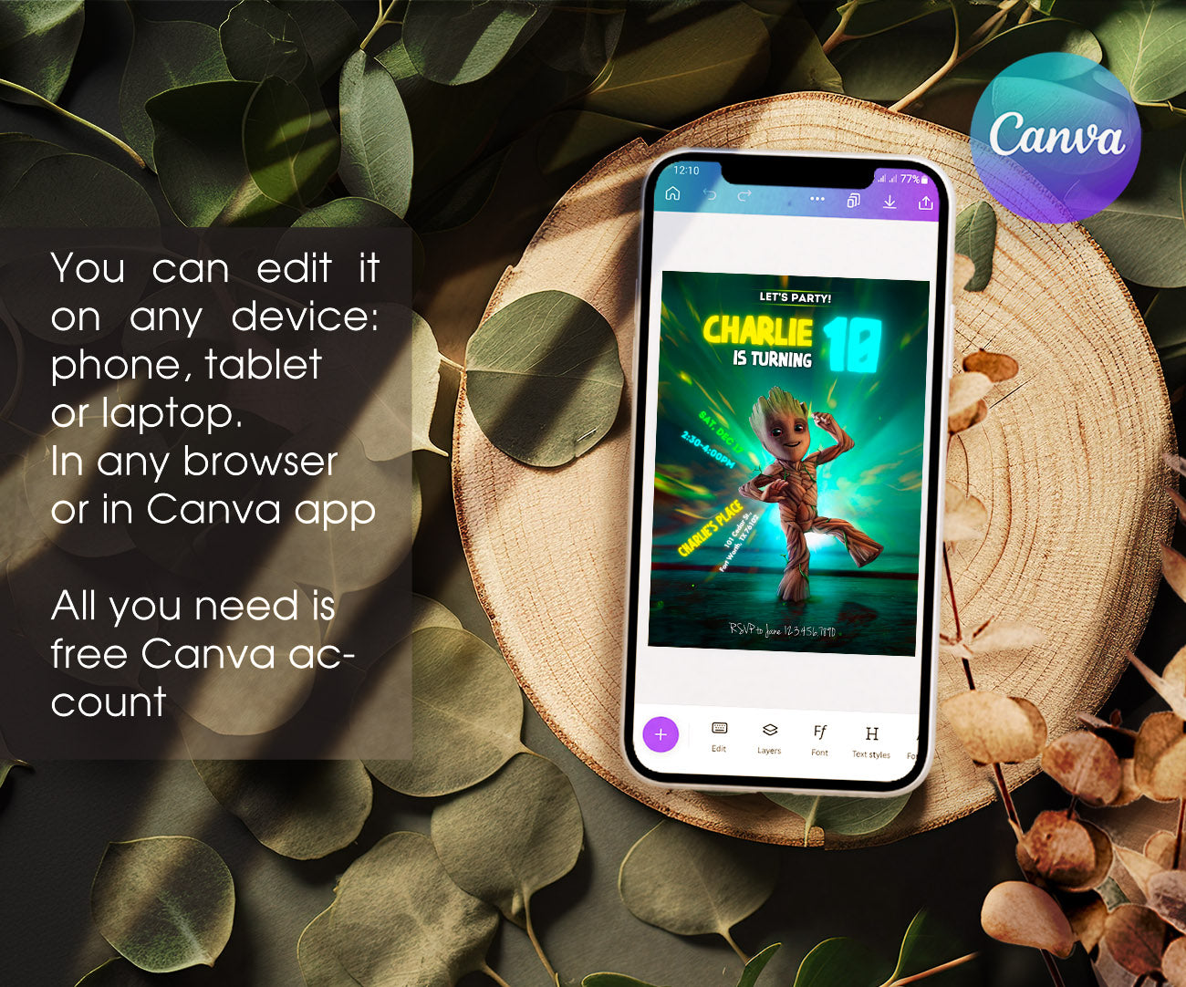 Groot Guardians of the Galaxy Superhero customizable invitation template | Share or Print | JL684