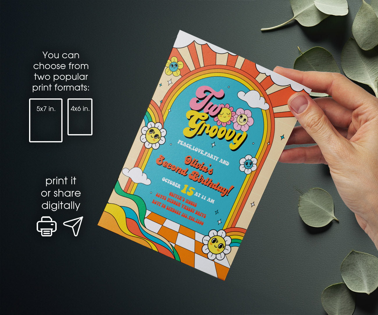 Groovy Second Birthday customizable invitation template | Share or Print | CC078