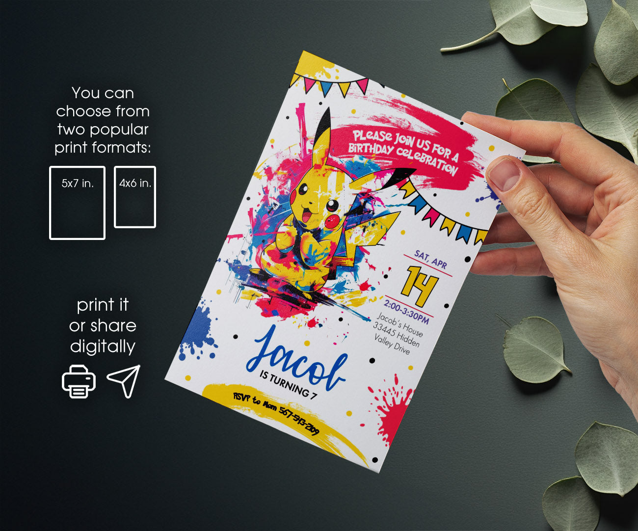 Pokemon Pikachu customizable invitation template | Share or Print | AO490