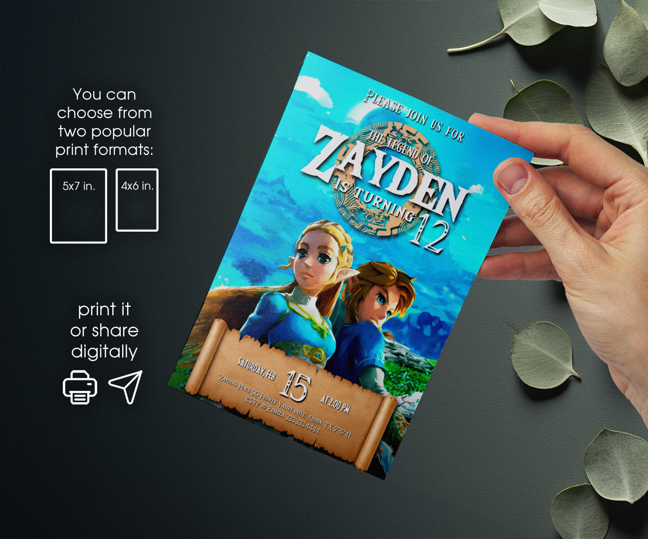 Legend of Zelda Gamer customizable invitation template | Share or Print | VS081