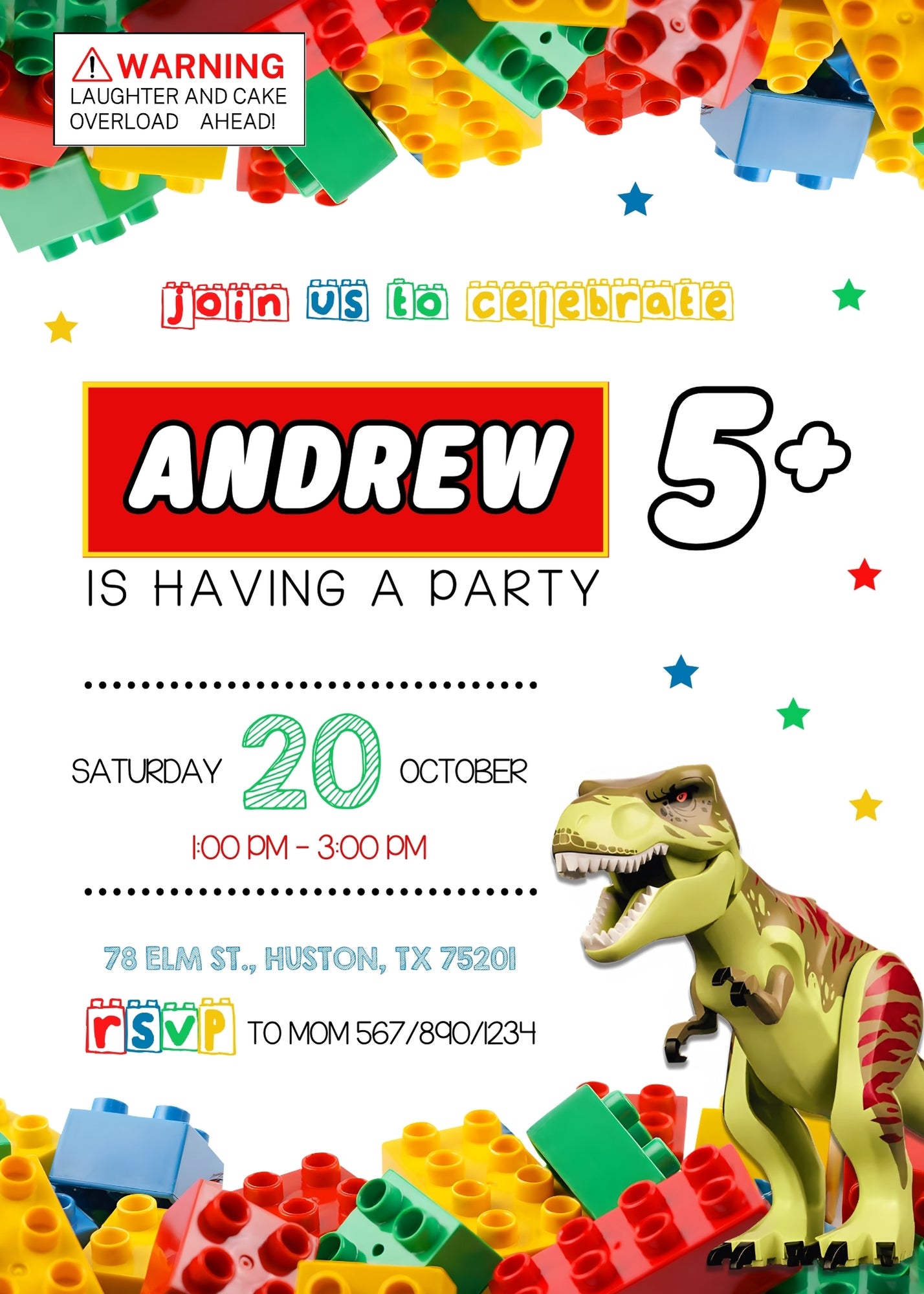 Lego Dinosaur T-Rex customizable invitation template | Share or Print | CT793