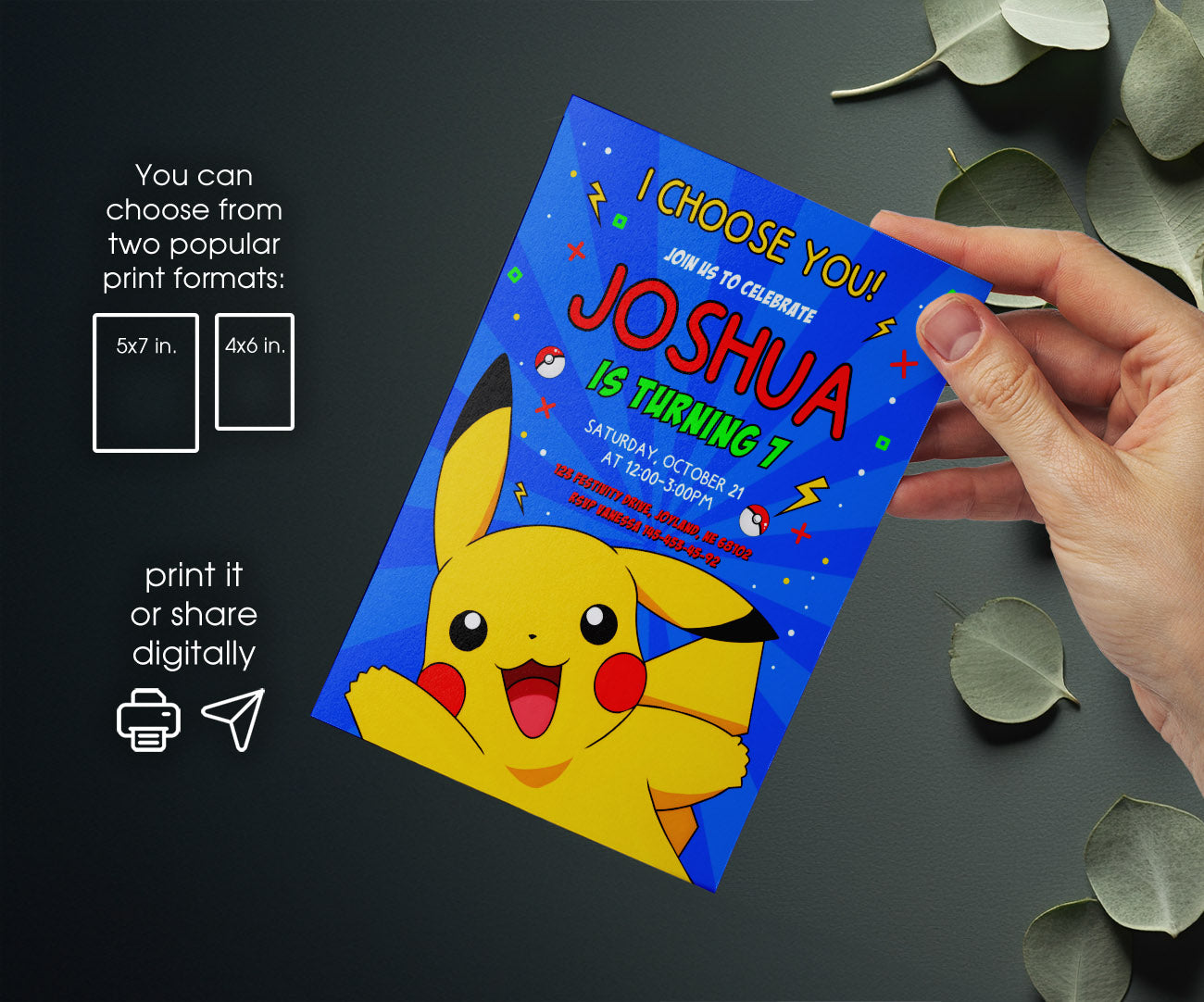Pokemon Pikachu customizable invitation template | Share or Print | AR517