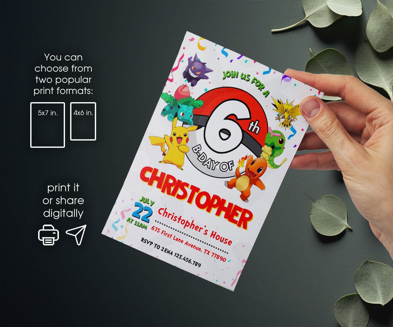 Pokemon Pikachu customizable invitation template | Share or Print | TT998