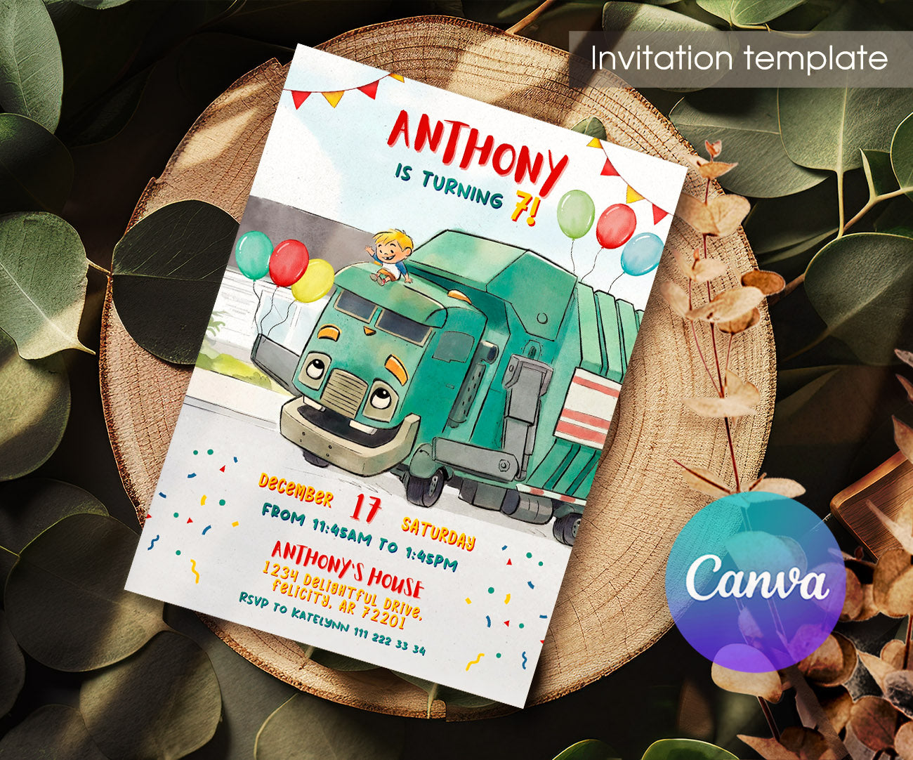 Trash Green Truck customizable invitation template | Share or Print | YL828