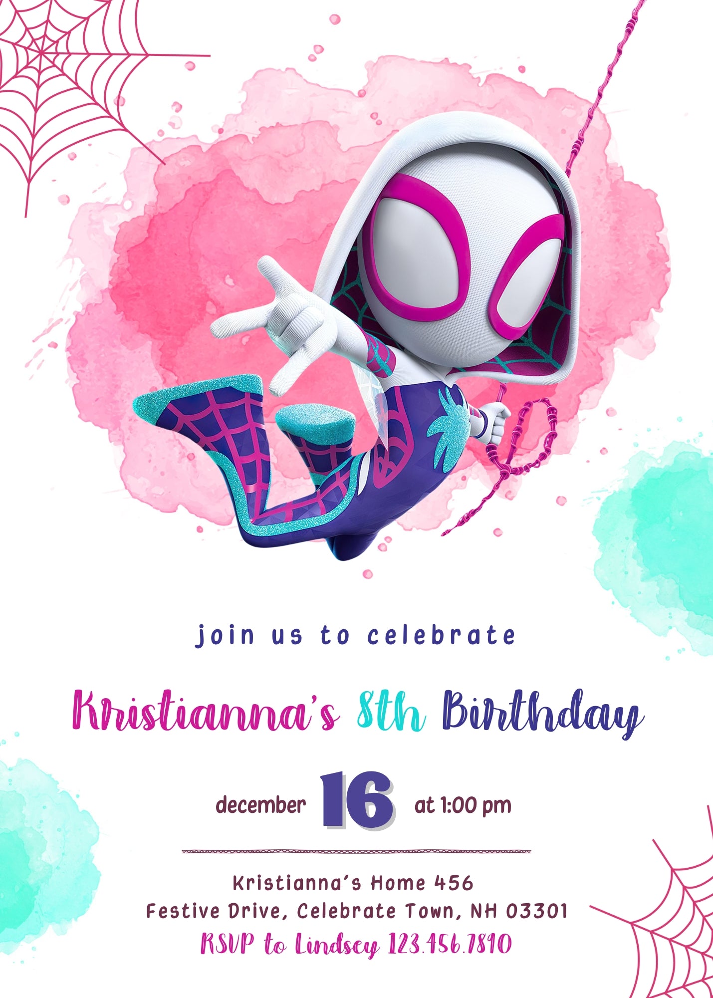 Spider Gwen Ghost Spidey customizable invitation template | Share or Print | girl | ON230