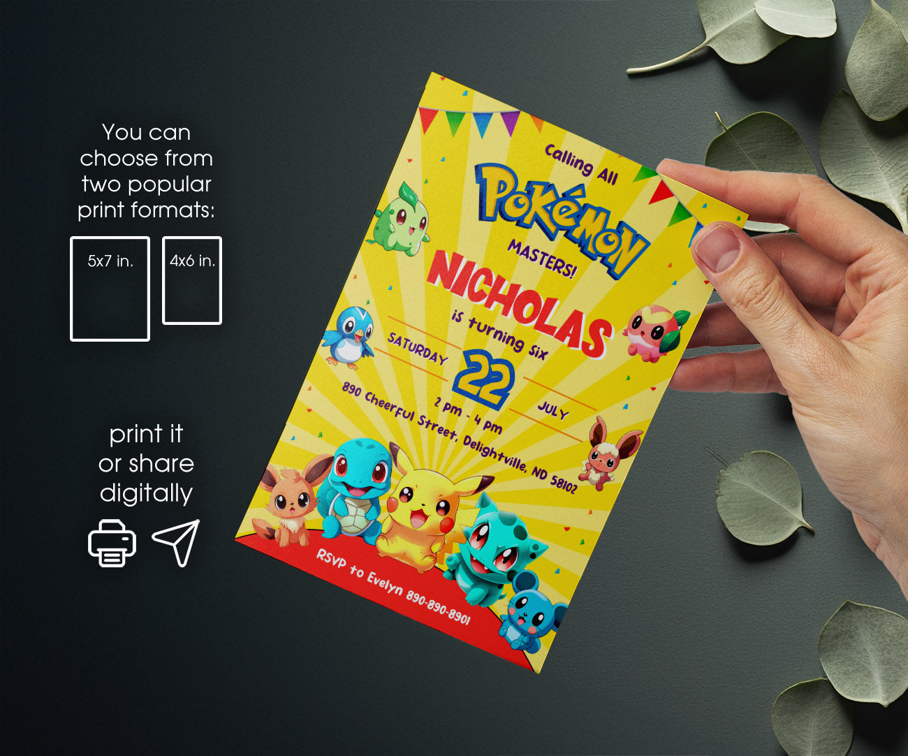 Pokemon Pikachu customizable invitation template | Share or Print | BJ494