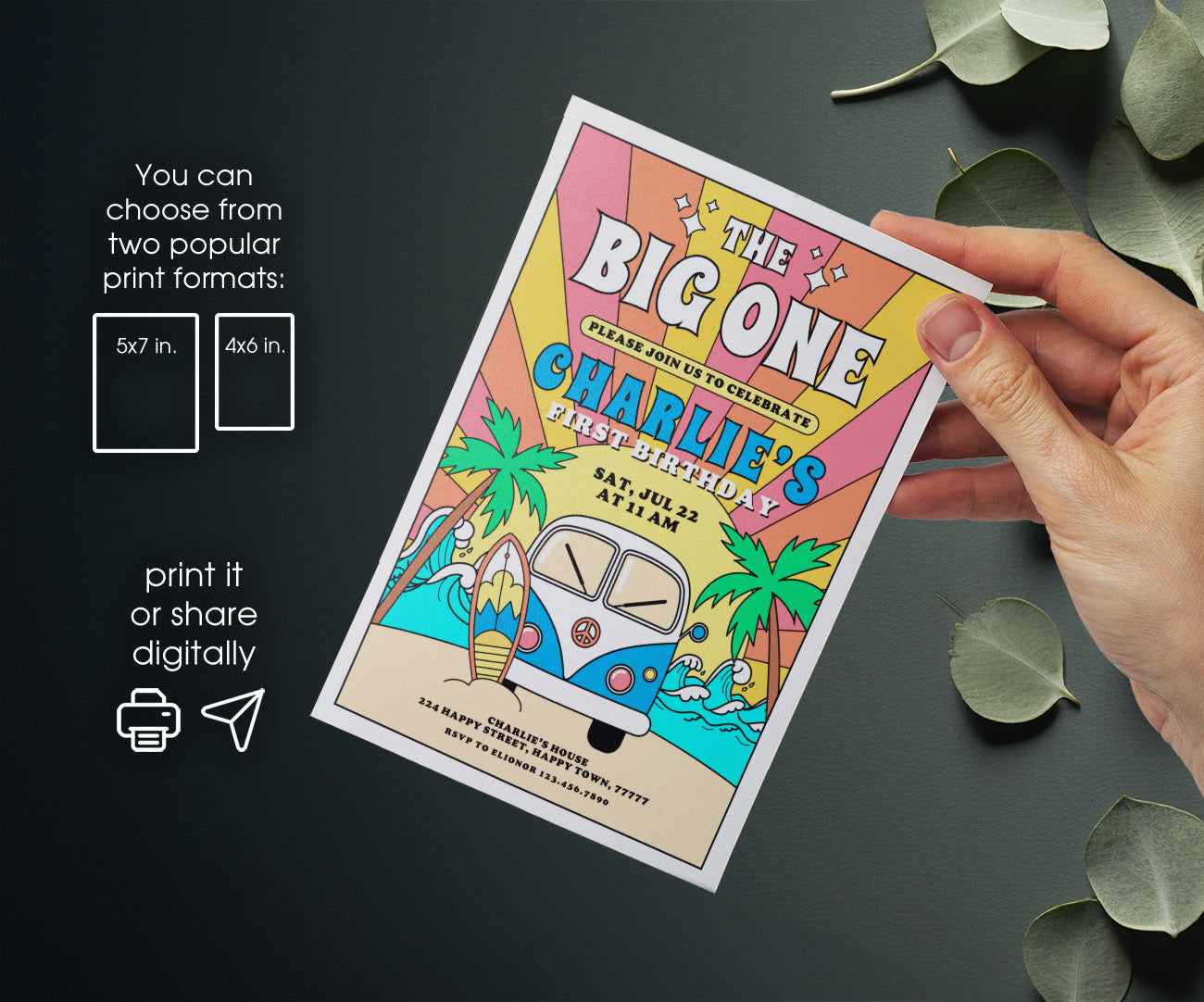Groovy 1st Surfvan Surfing customizable invitation template | Share or Print | DM361