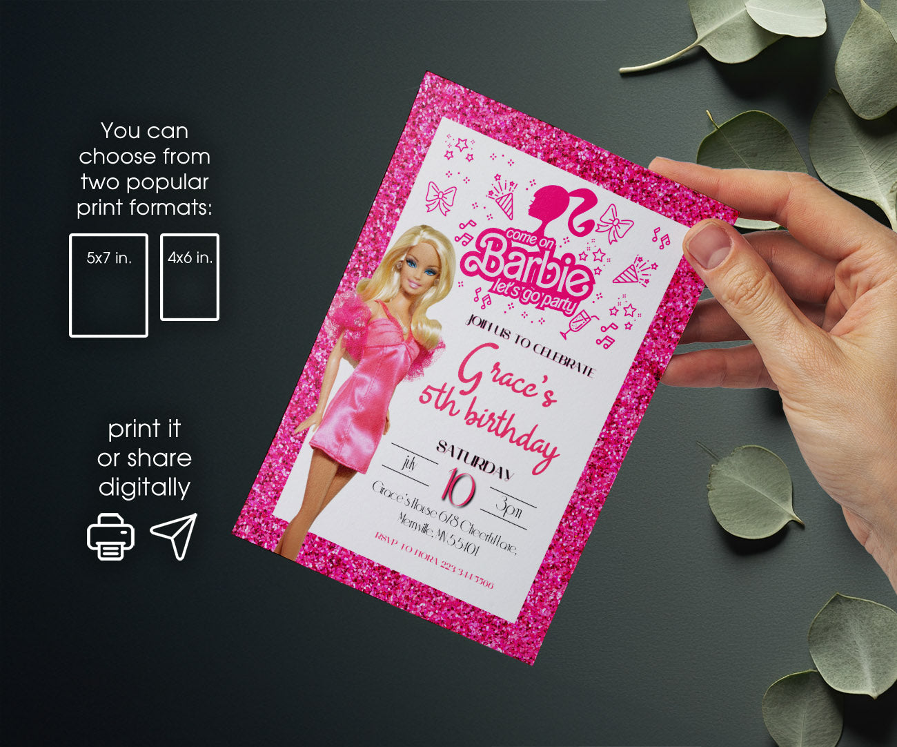 Barbie Pink customizable invitation template | Share or Print | girl | OC696
