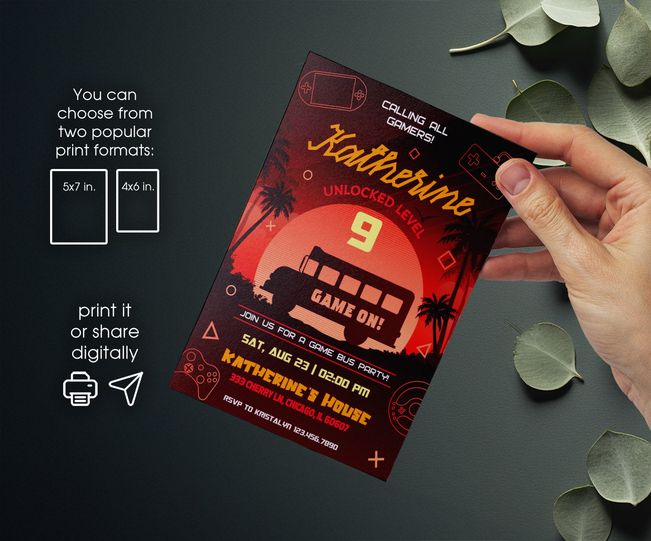 Video Game Bus Gamer customizable invitation template | Share or Print | boy | AA994