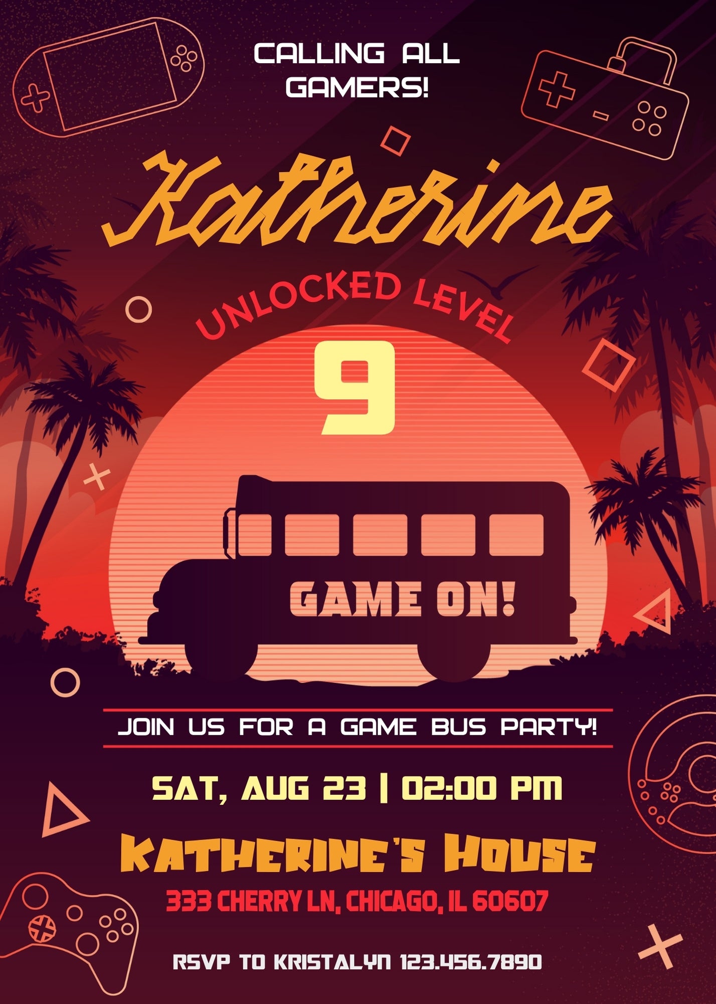 Video Game Bus Gamer customizable invitation template | Share or Print | boy | AA994
