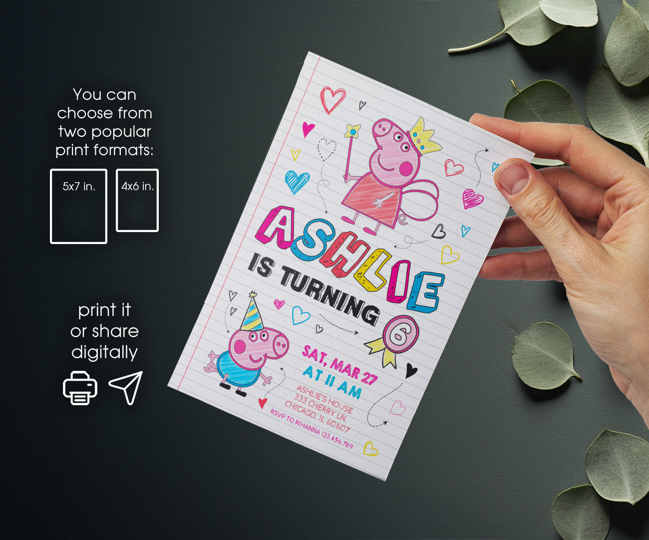 Peppa Pig customizable invitation template | Share or Print | girl | YX829