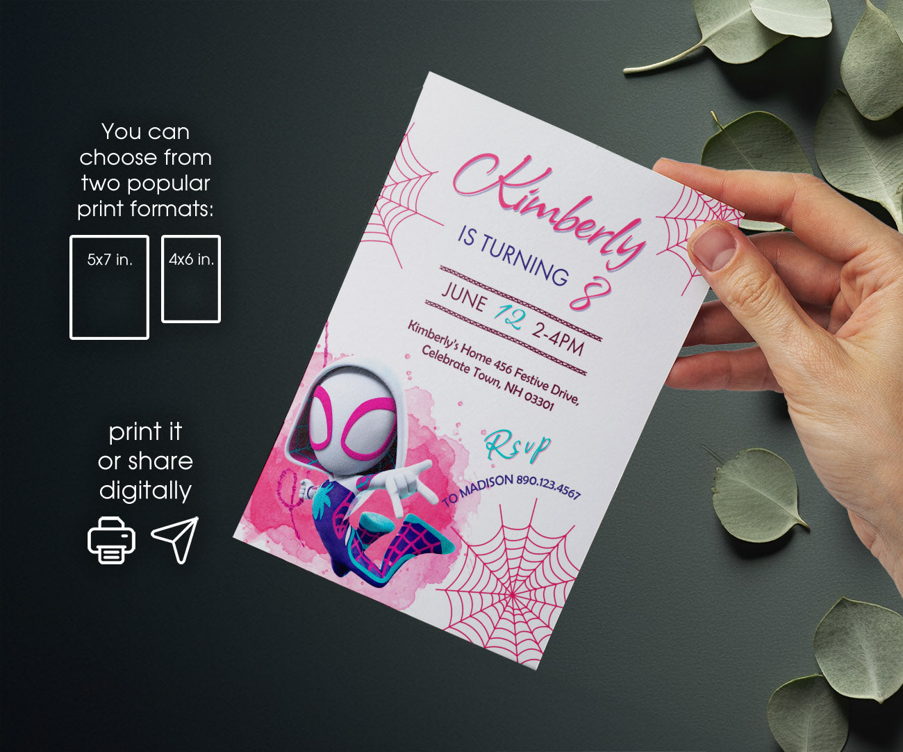Spider Gwen Ghost Spidey customizable invitation template | Share or Print | girl | ZT047