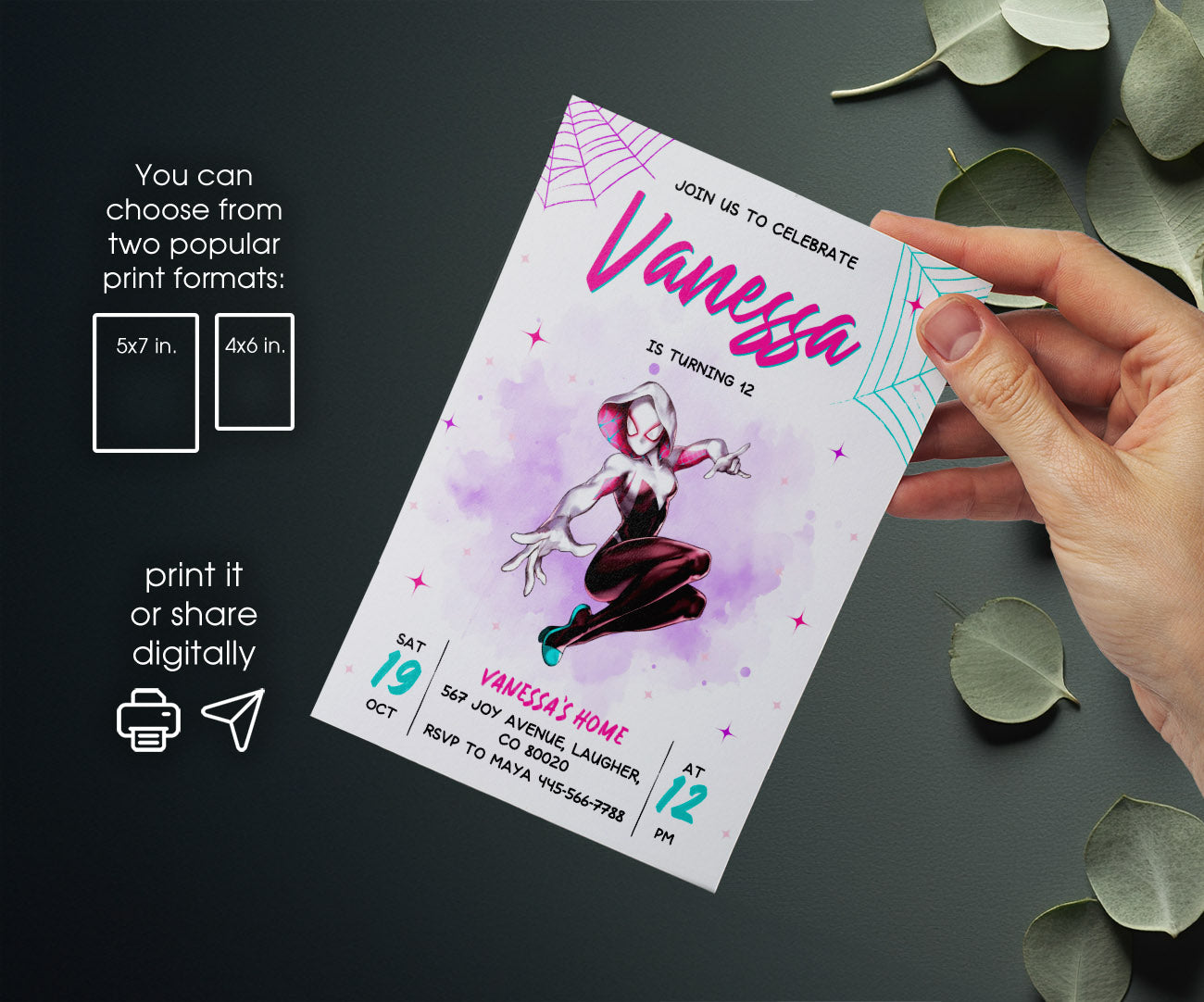 Spider Gwen Ghost Spidey customizable invitation template | Share or Print | girl | LX906