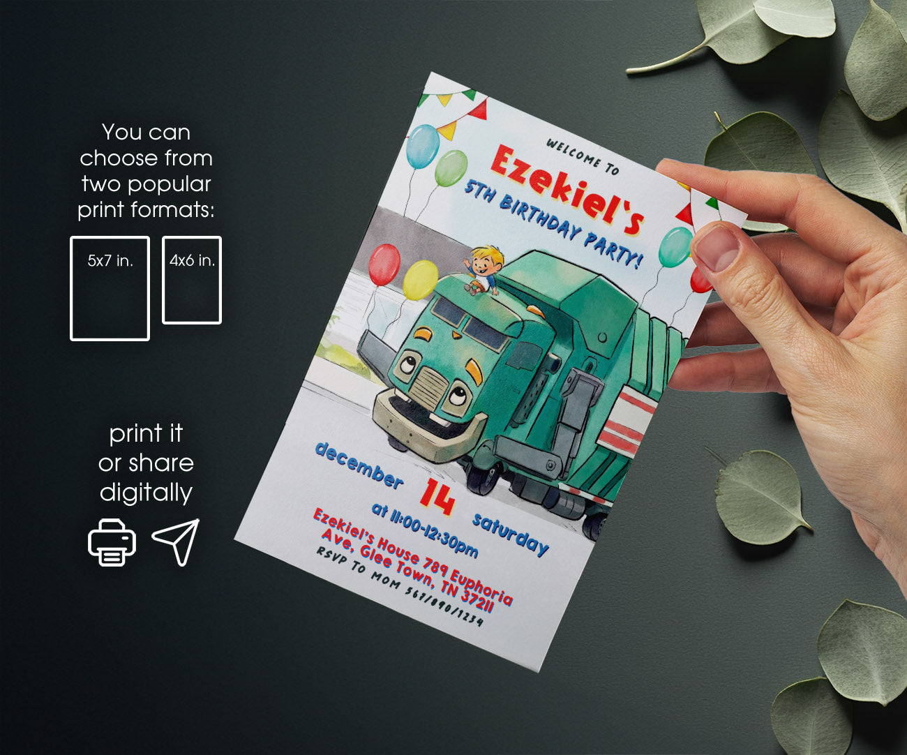 Trash Green Truck customizable invitation template | Share or Print | TQ029