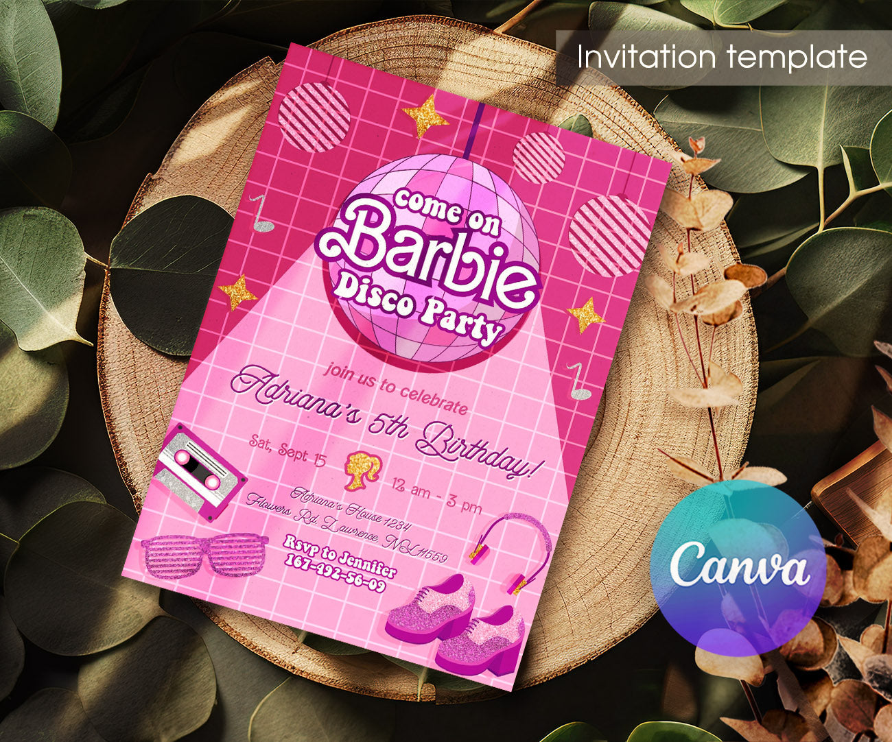 Barbie Disco Pink customizable invitation template | Share or Print | girl | VO095