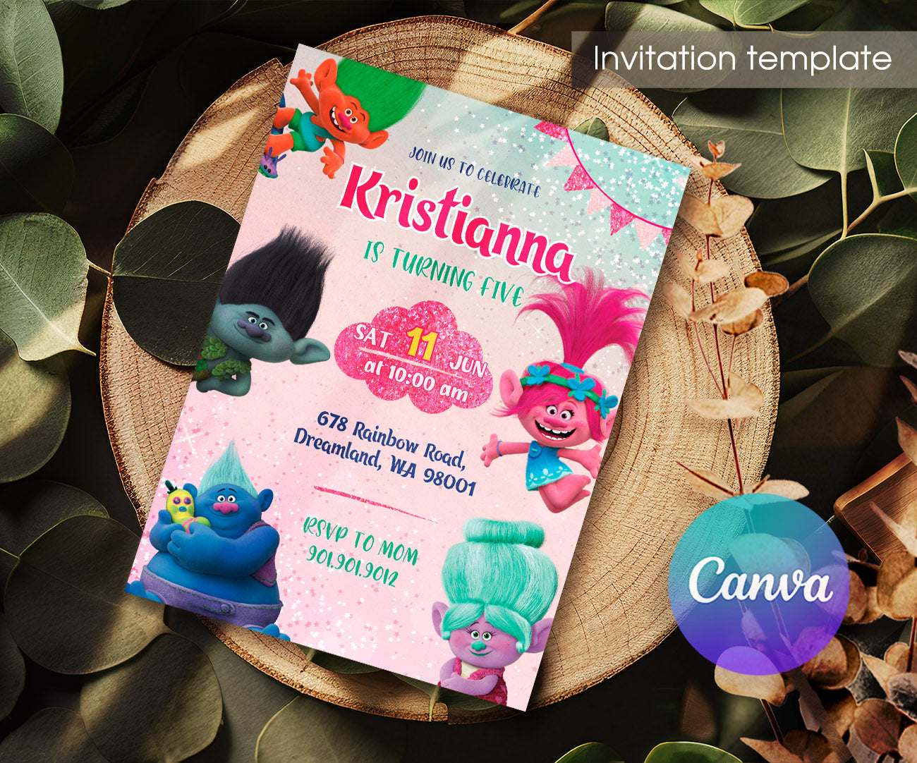Trolls Poppy customizable invitation template | Share or Print | DS591