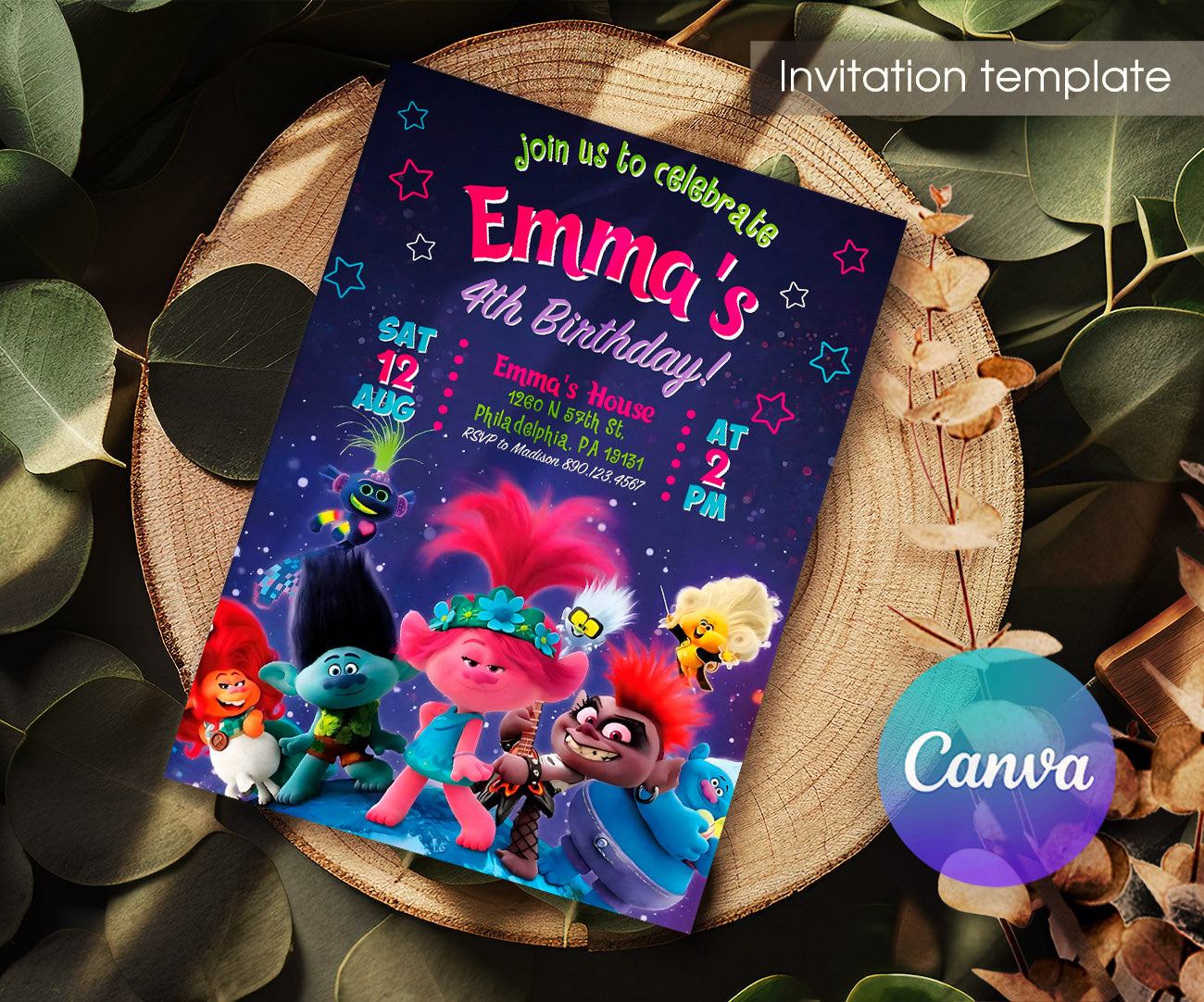 Trolls Poppy customizable invitation template | Share or Print | KN011