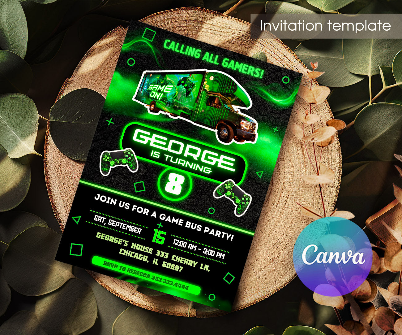 Video Game Bus Gamer customizable invitation template | Share or Print | boy | NM584