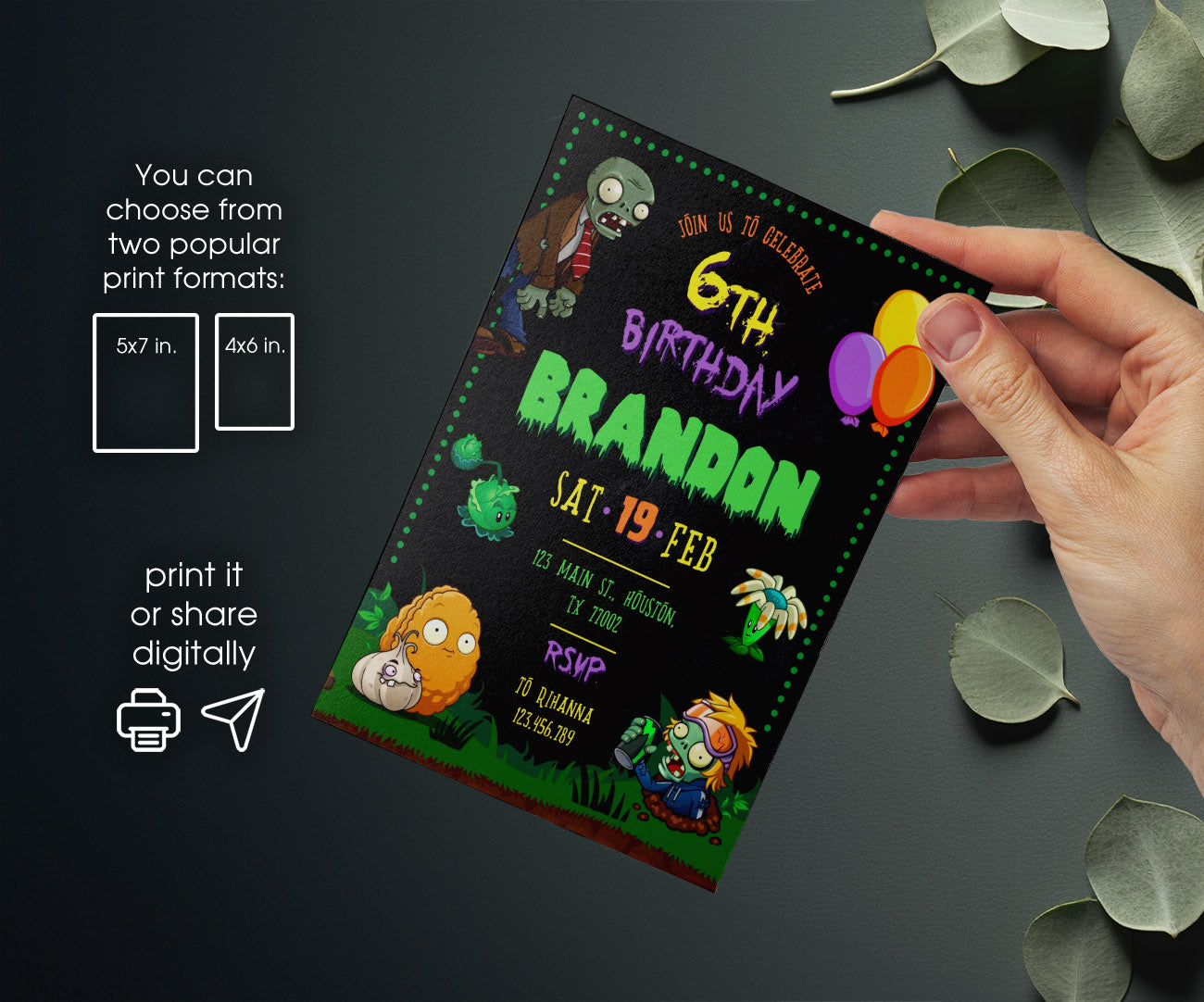 Plants vs Zombies Gamer customizable invitation template | Share or Print | VR348