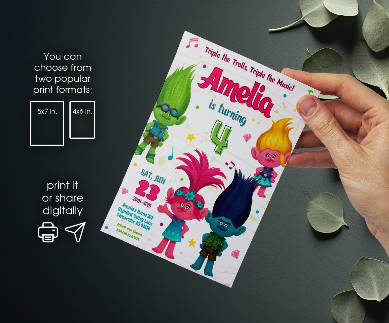 Trolls Poppy customizable invitation template | Share or Print | EF962