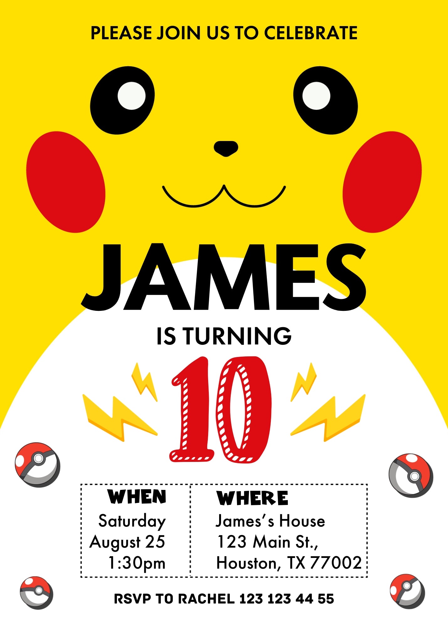 Pokemon Pikachu customizable invitation template | Share or Print | IM162