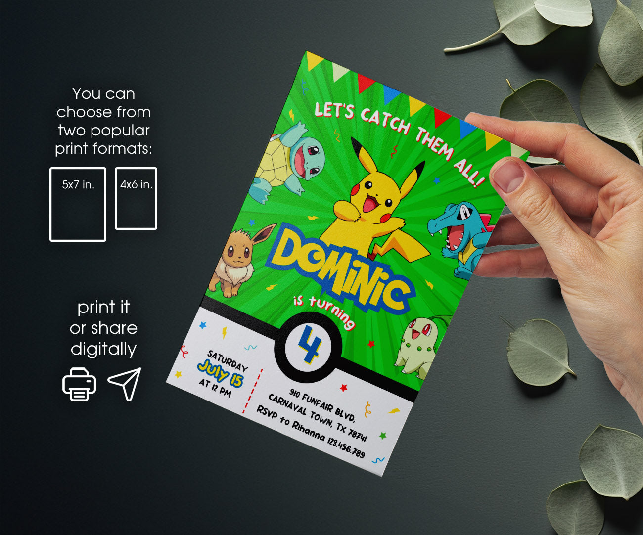 Pokemon Pikachu customizable invitation template | Share or Print | KZ276