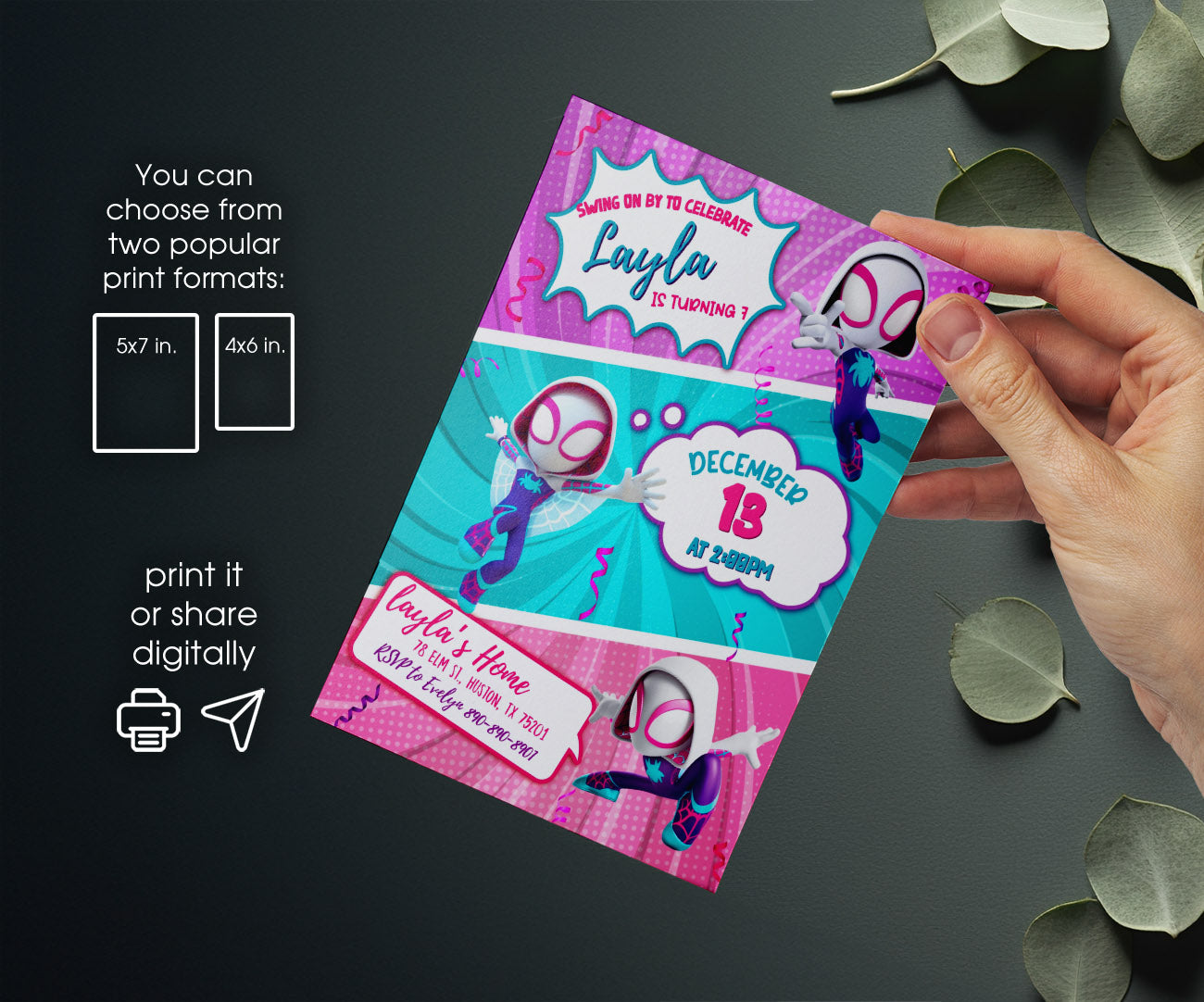 Spider Gwen Ghost Spidey customizable invitation template | Share or Print | girl | MO503