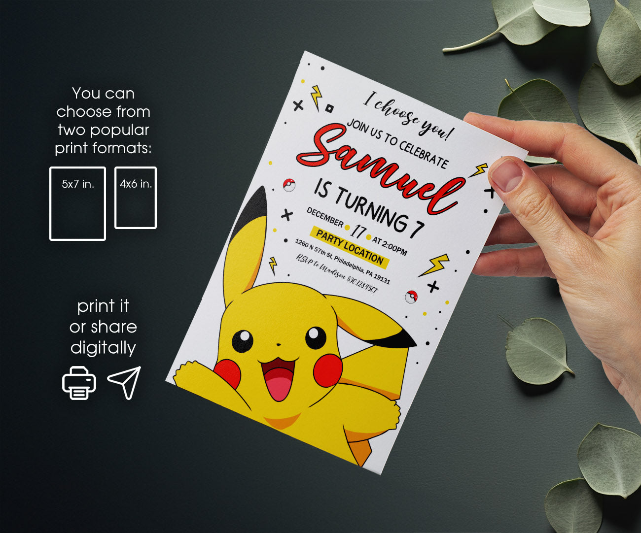 Pokemon Pikachu customizable invitation template | Share or Print | VX235