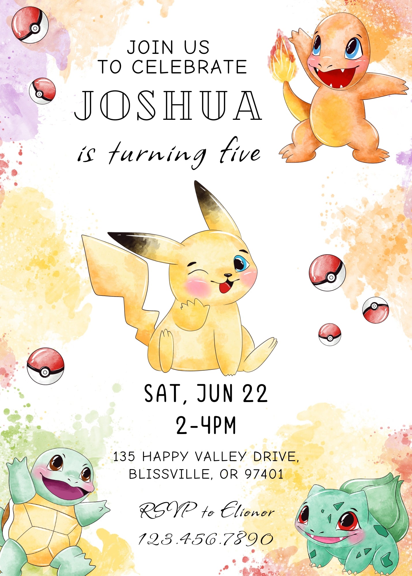 Pokemon Pikachu customizable invitation template | Share or Print | VE397