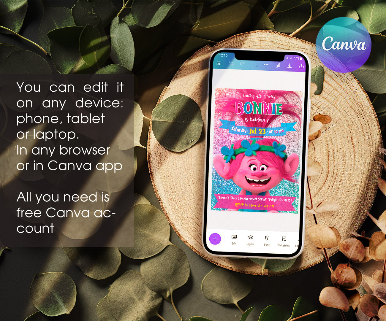 Trolls Poppy customizable invitation template | Share or Print | XR137