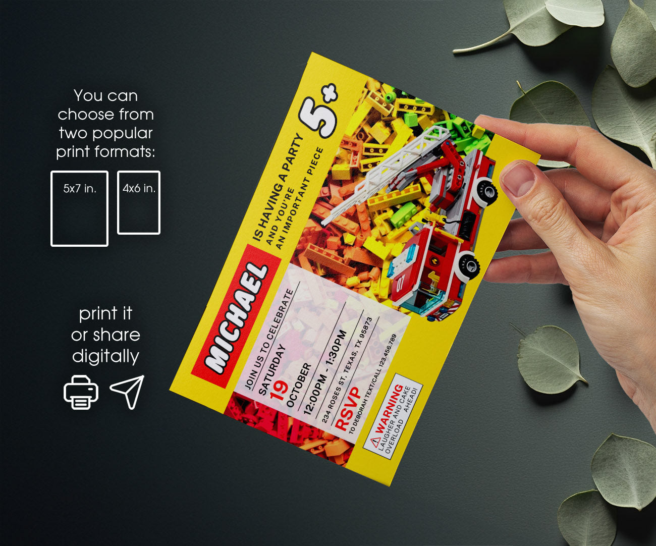 Lego Fire Truck customizable invitation template | Share or Print | boy | KO920