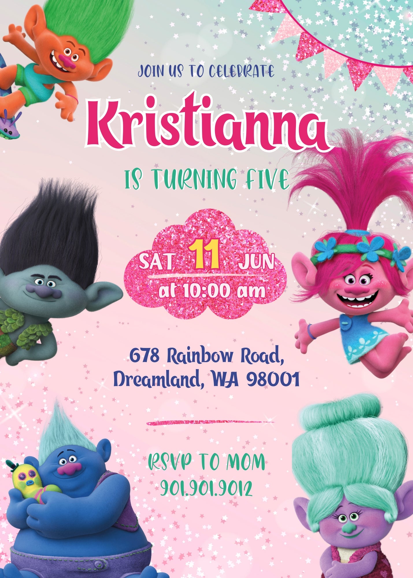 Trolls Poppy customizable invitation template | Share or Print | DS591