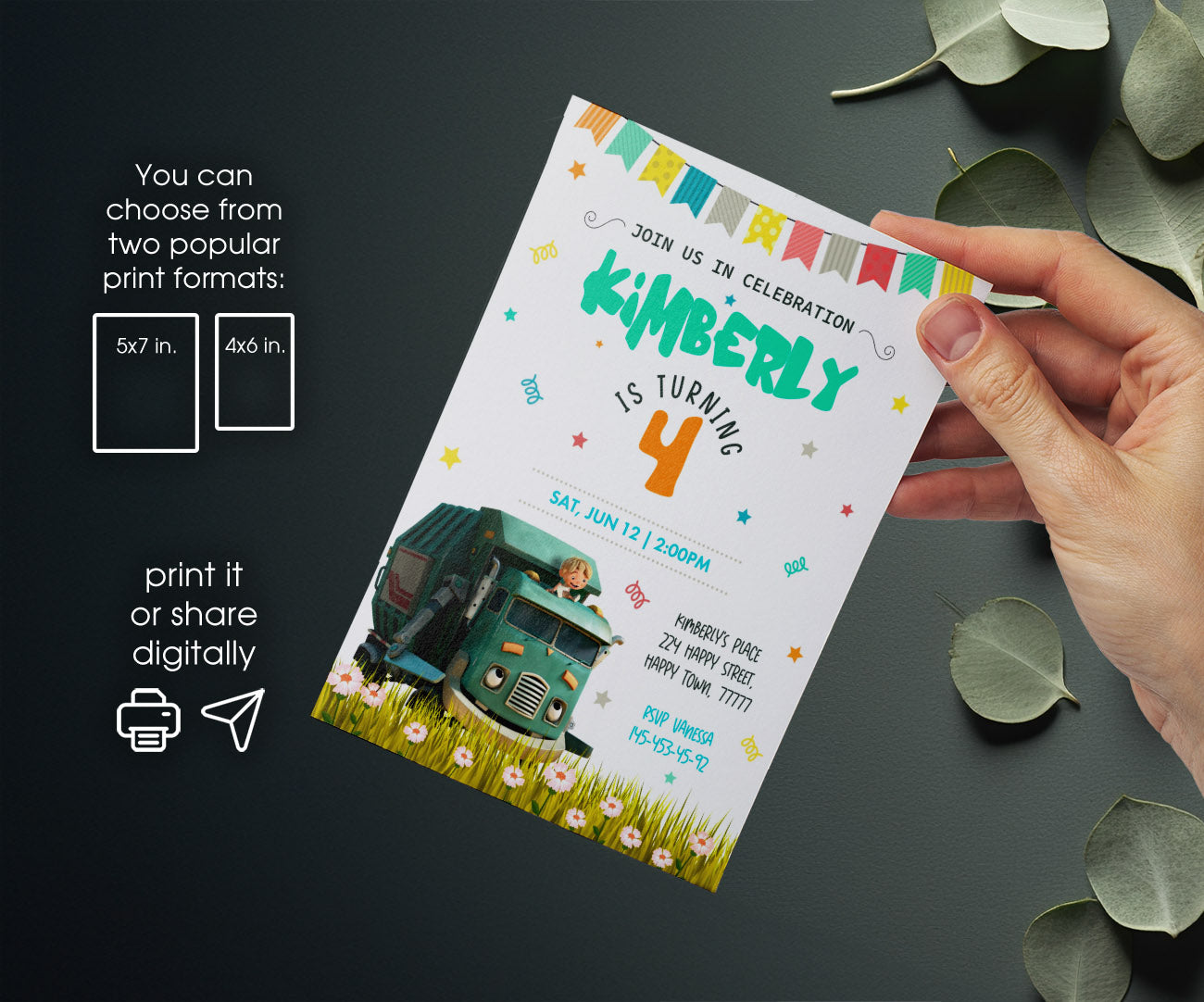 Trash Green Truck customizable invitation template | Share or Print | RT716