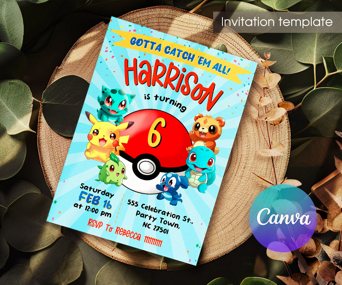 Pokemon Pikachu customizable invitation template | Share or Print | BW043