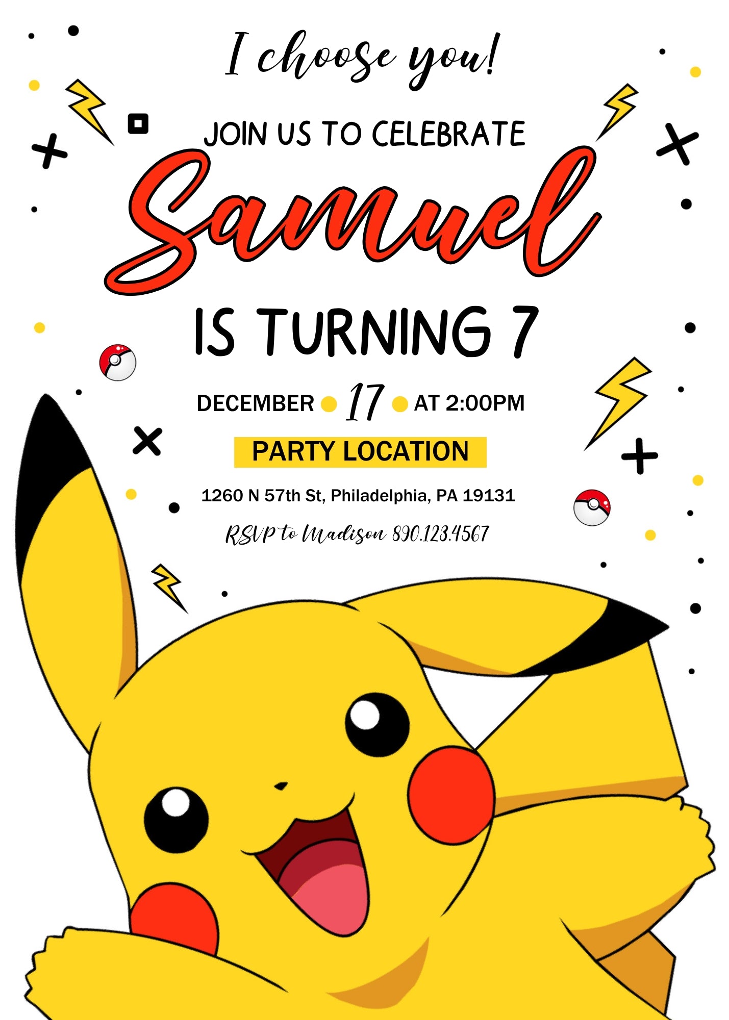 Pokemon Pikachu customizable invitation template | Share or Print | VX235