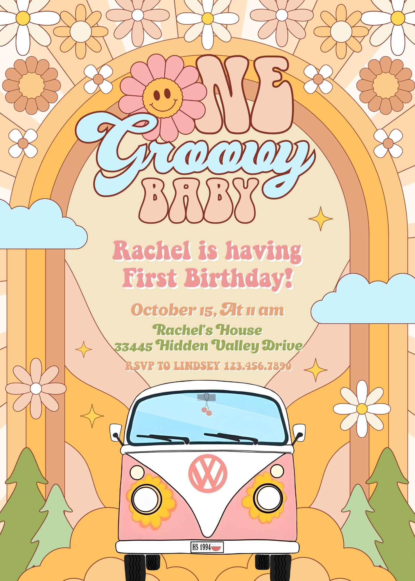 Groovy 1st Bday Hippie Van customizable invitation template | Share or Print | XM369