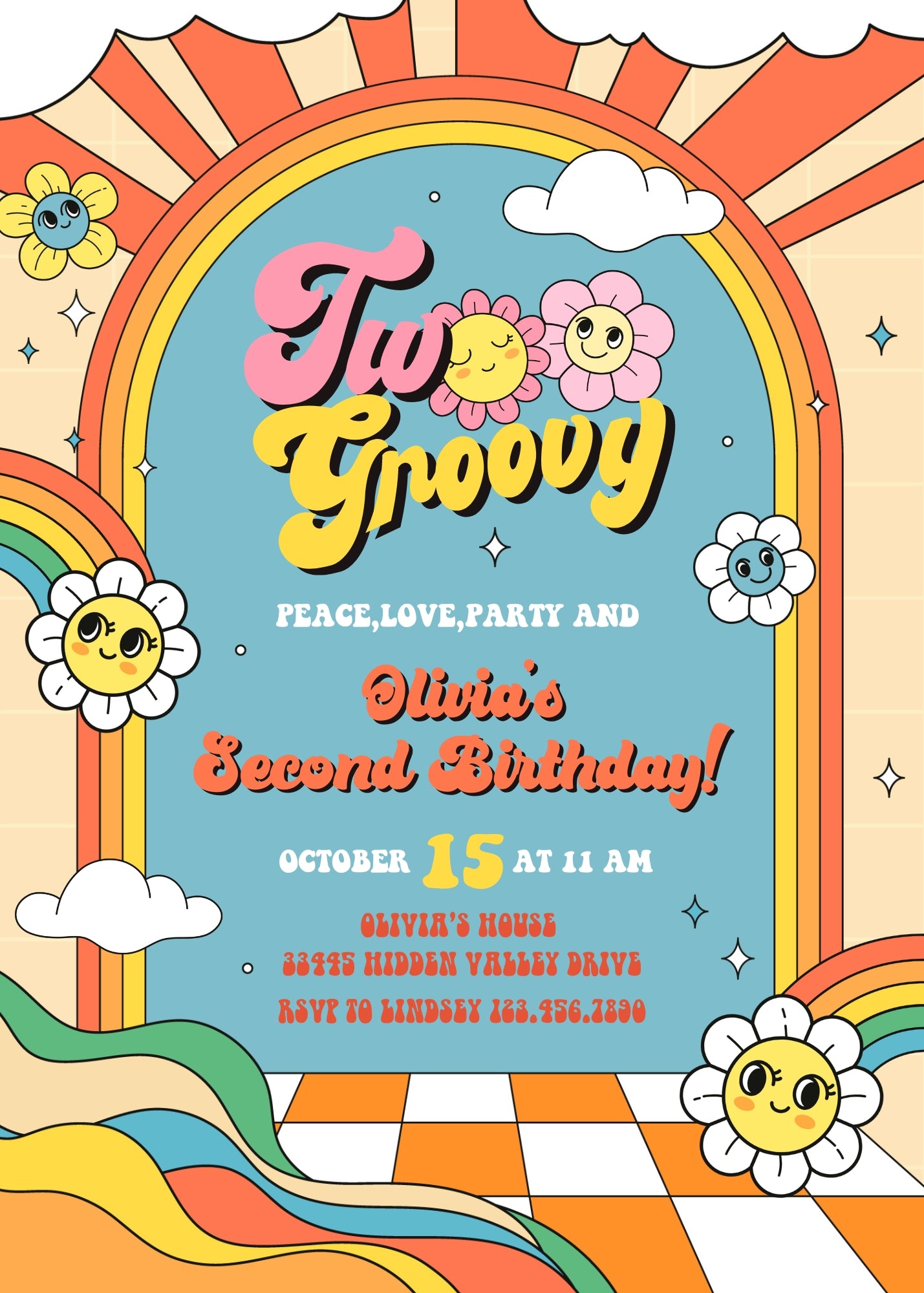 Groovy Second Birthday customizable invitation template | Share or Print | CC078