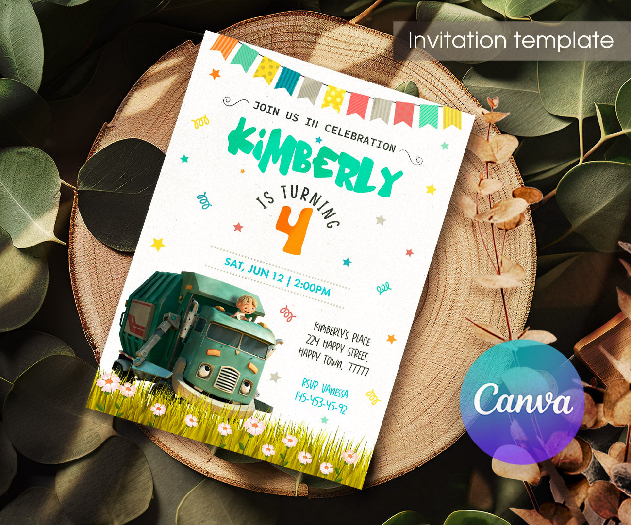 Trash Green Truck customizable invitation template | Share or Print | RT716